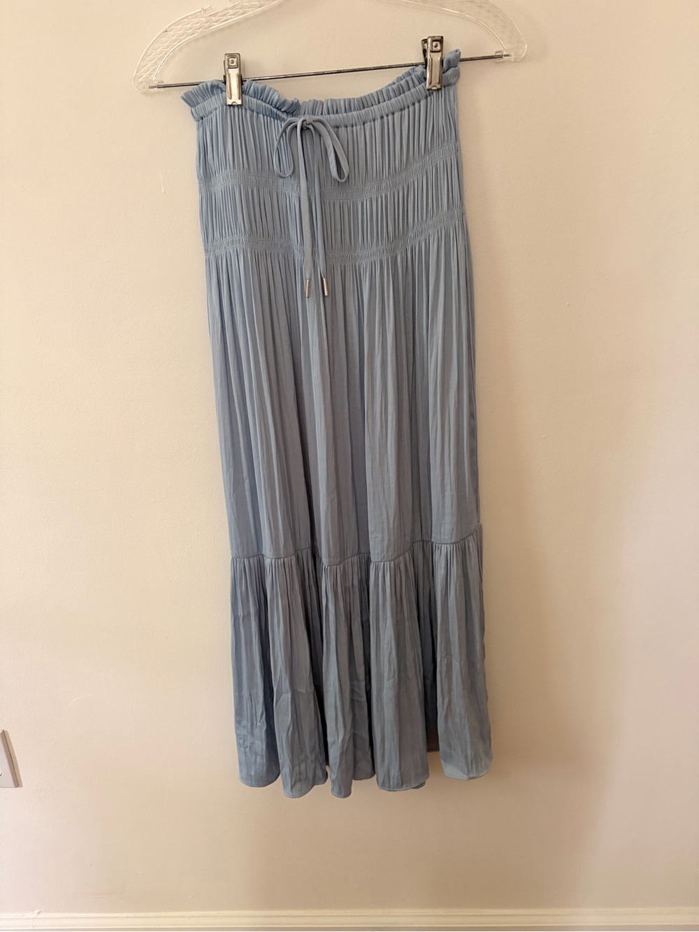 Smocked Waist Light Blue Maxi Skirt with faux Drawstring